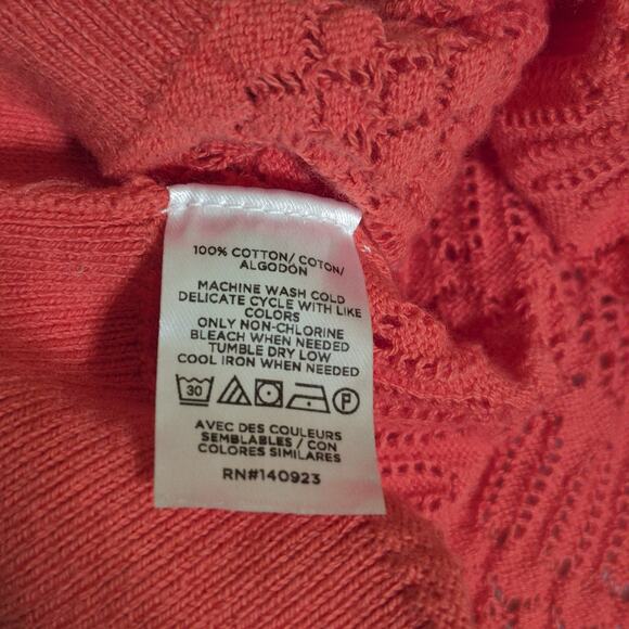 Loft Eyelit Ruffle Collar Blouse Women Large Coral S/S Sweater Open Knit VNeck - Picture 6 of 7